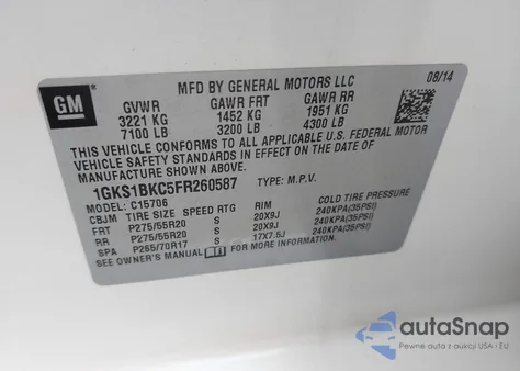 2015 GMC Yukon Slt z USA, uszkodzony, nr VIN 1GKS1BKC5FR260587